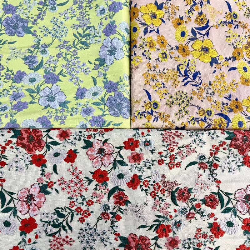 Vintage Sewing Textile - Red Small Floral Jacquard Fabric Vintage