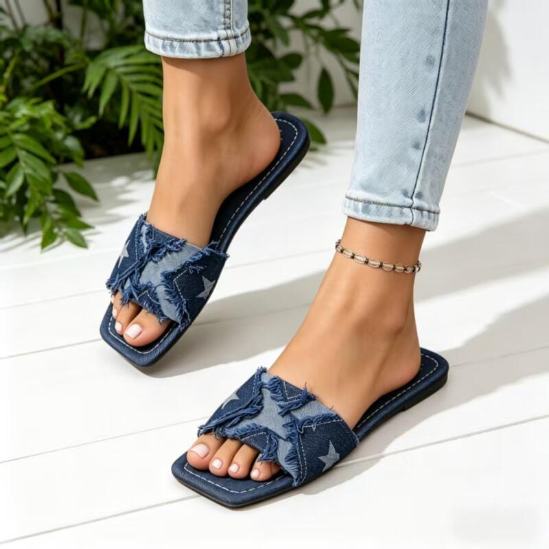 Y2K Denim Strap Flat Heel Sand - Sewing Factory ulasan dan harga