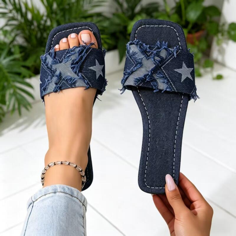 Y2K Denim Strap Flat Heel Sand - Sewing Factory ulasan dan harga