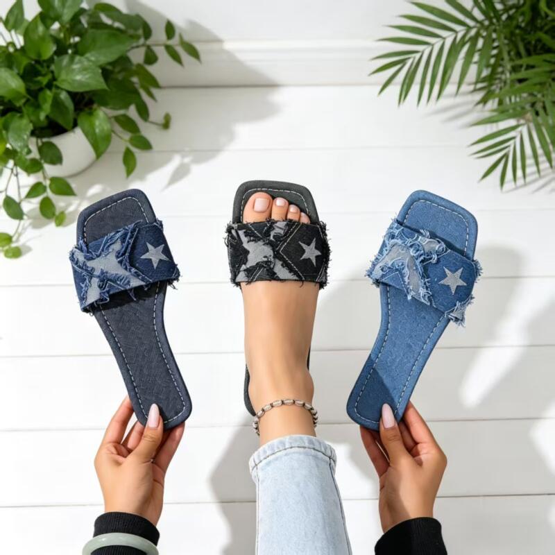 Y2K Denim Strap Flat Heel Sand - Sewing Factory ulasan dan harga