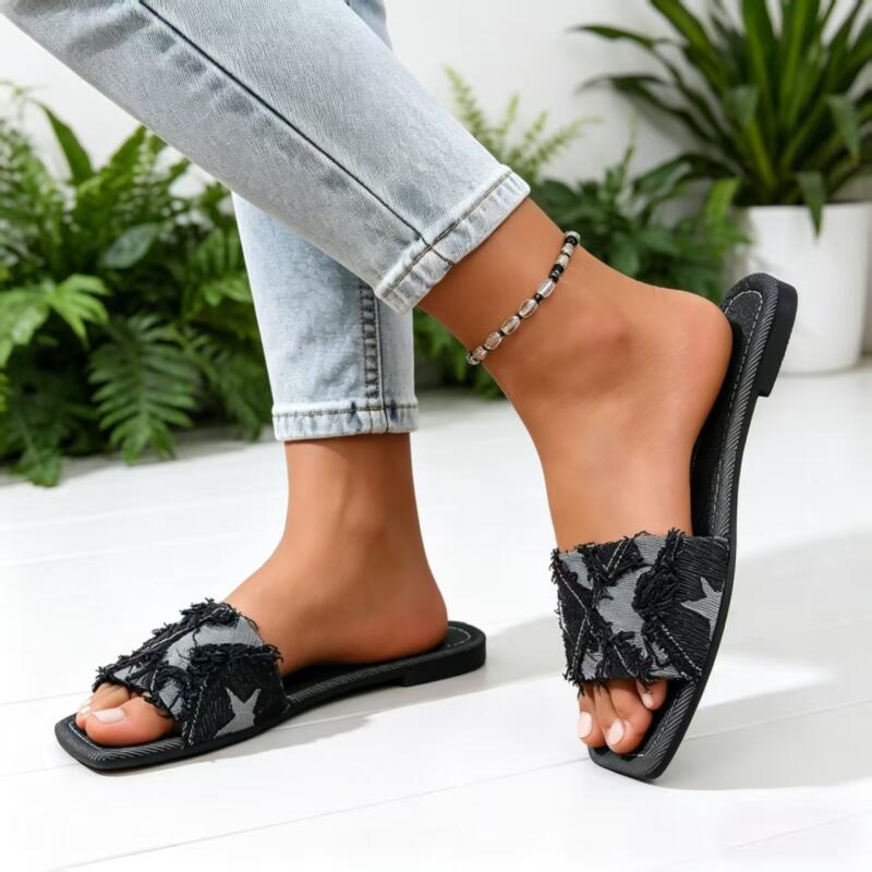Y2K Denim Strap Flat Heel Sand - Sewing Factory ulasan dan harga